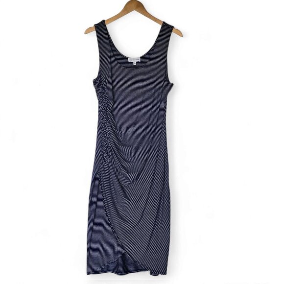 Gibson Latimer Midi Dress Size L Navy White Striped Sleeveless Ruched Side Comfy - Picture 1 of 10